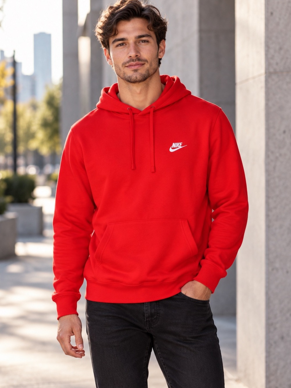 Nike Sportswear Red Club Fleece Hoodie Men’s Large White Logo Pullover Like New